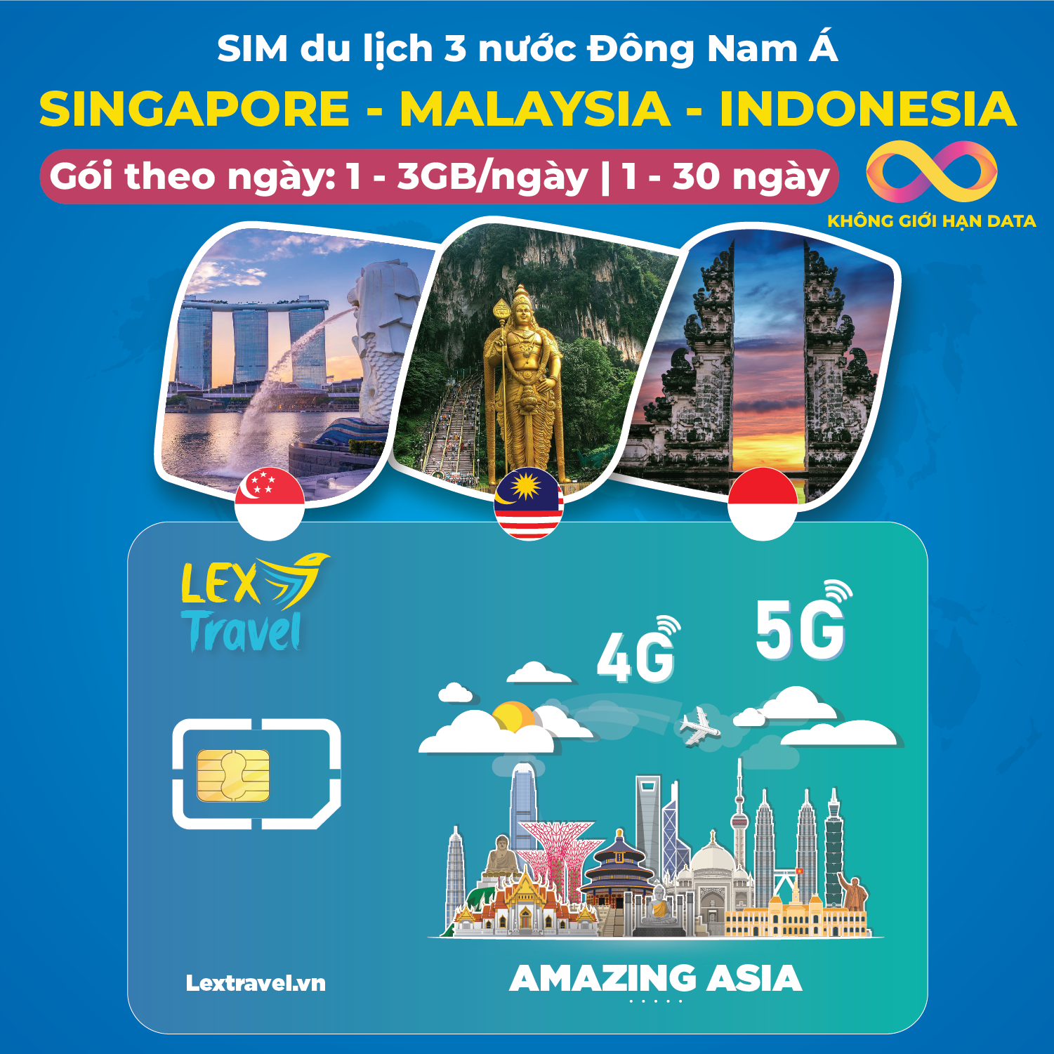 Sim du lịch Singapore – Malaysia – Indonesia: Gói theo ngày, không giới hạn data
