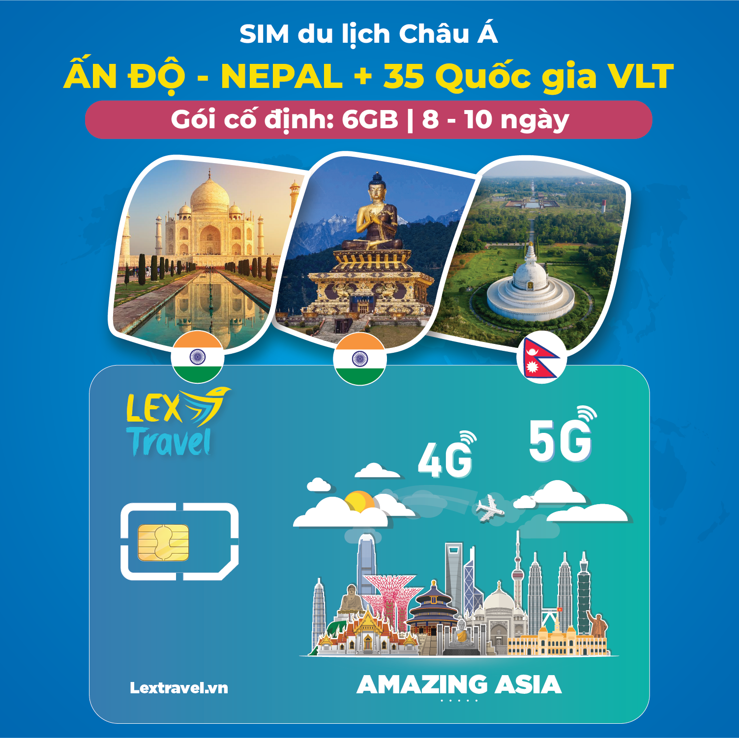 Sim du lịch Ấn Độ - Nepal và 33 quốc gia/vùng lãnh thổ (Châu Á, Trung Đông, Châu Úc): Gói cố định