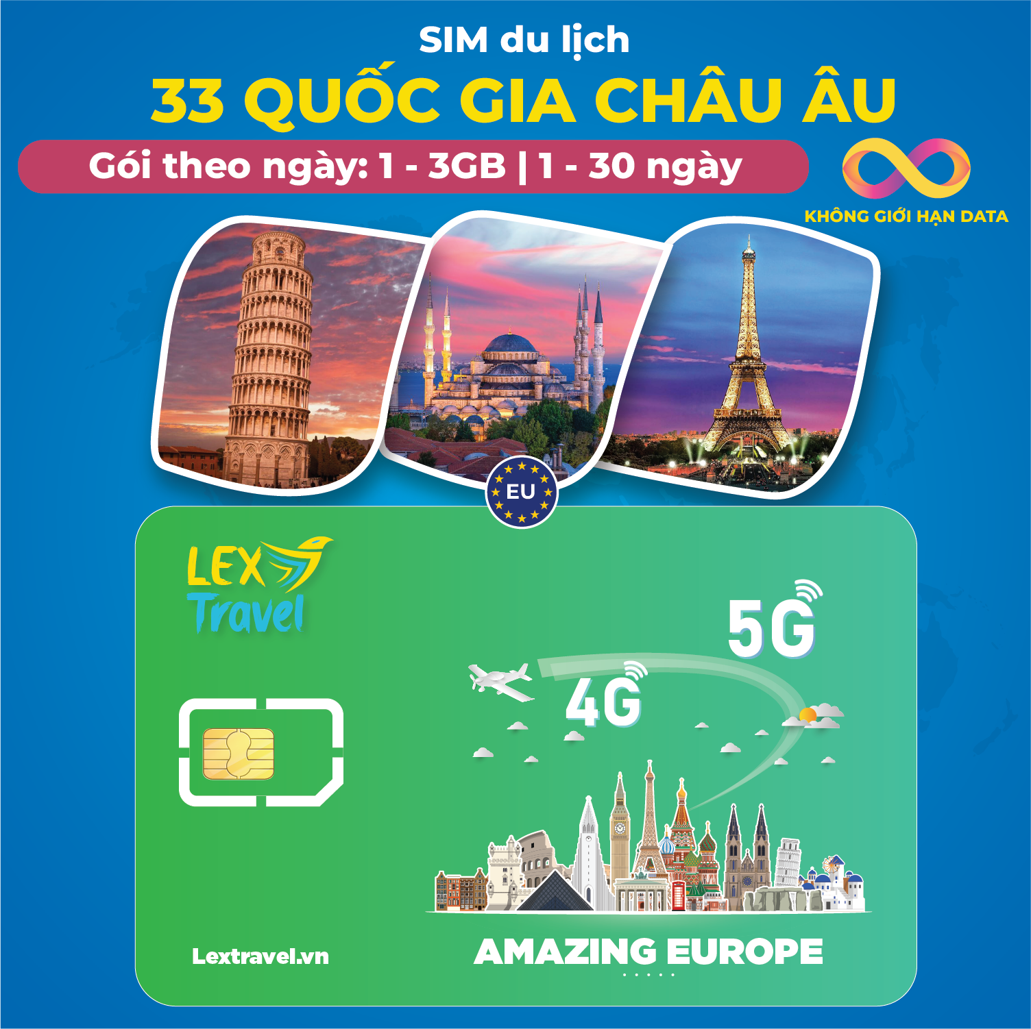 Sim du lịch Thổ Nhĩ Kỳ và 33 quốc gia/vùng lãnh thổ Châu Âu: Gói theo ngày, không giới hạn data