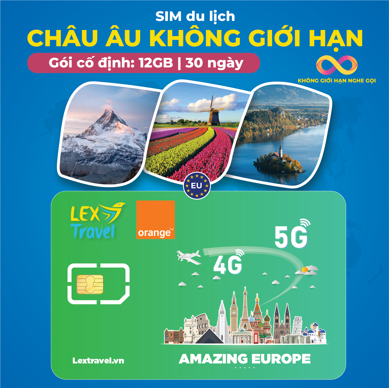 Sim du lịch 51 quốc gia Châu Âu: Gói cố định, không giới hạn nghe gọi