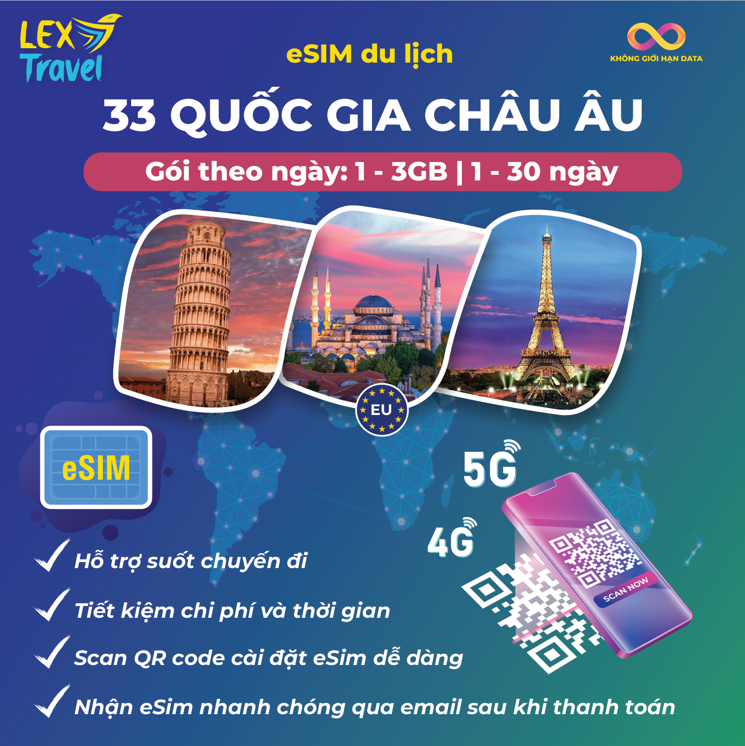 eSIM du lịch 33 quốc gia Châu Âu: Gói theo ngày, không giới hạn dung lượng