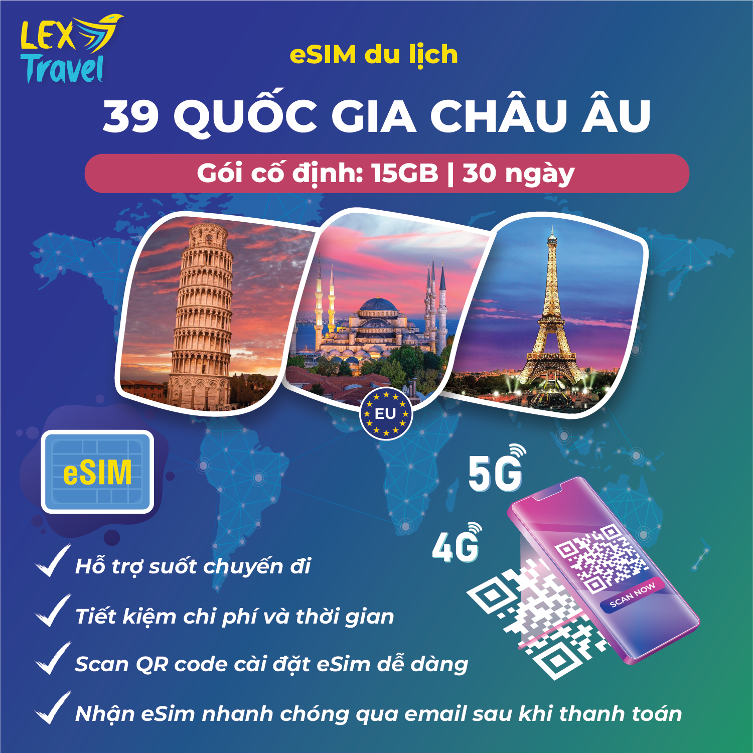 eSIM du lịch 39 quốc gia Châu Âu: Gói cố định