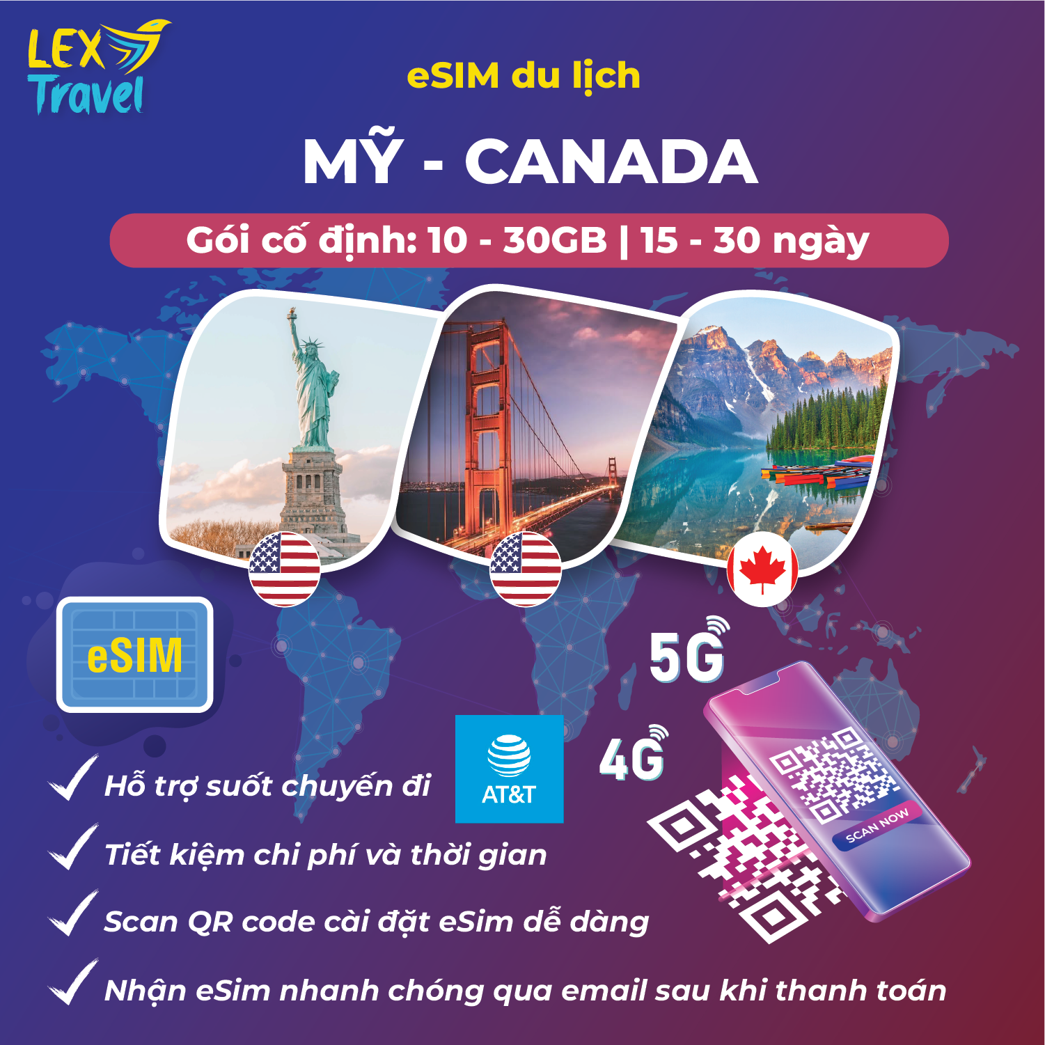 eSIM du lịch Mỹ - Canada: Gói cố định, chỉ có data