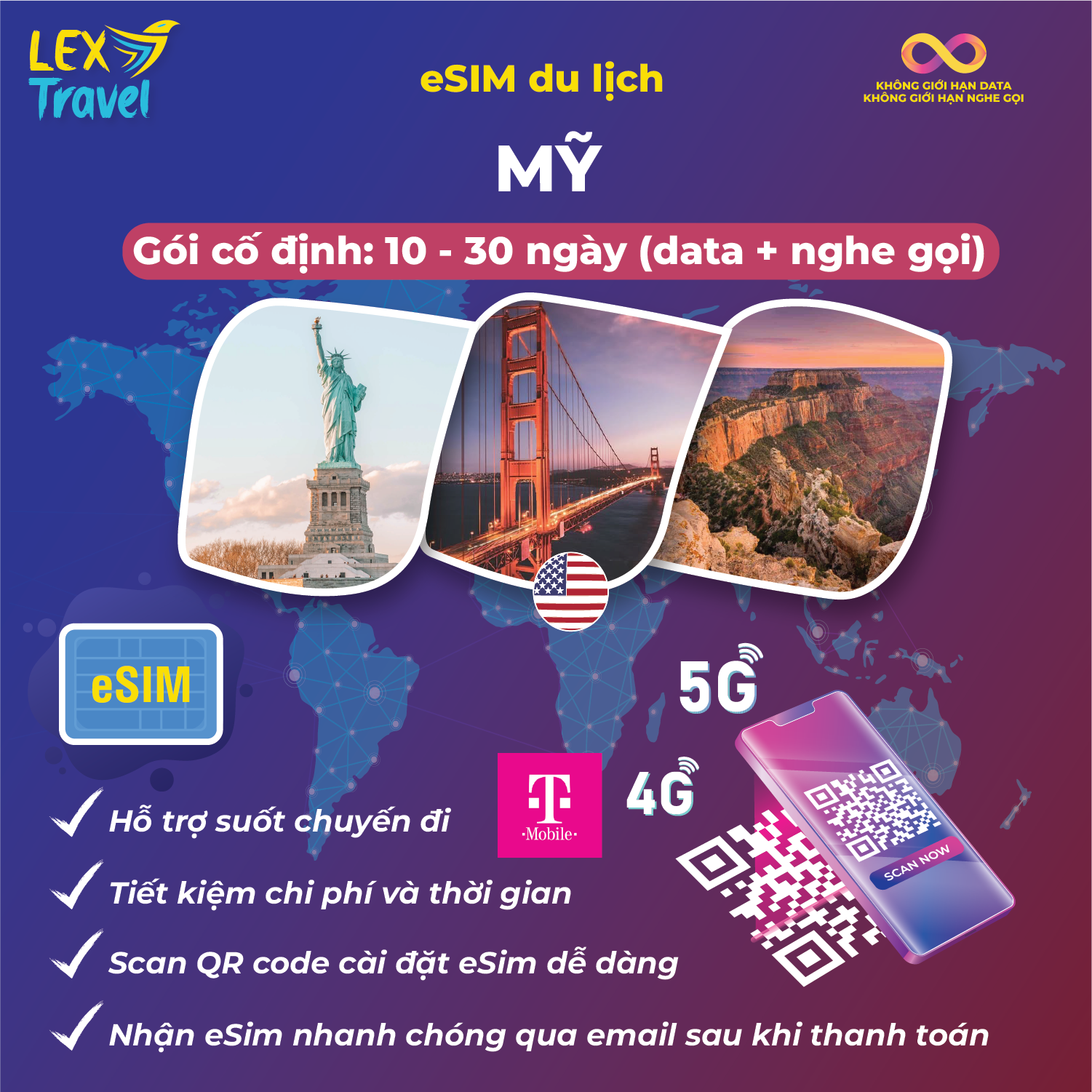 eSIM du lịch Mỹ gói cố định T-Mobile: Không giới hạn nghe gọi nhắn tin + data 4G