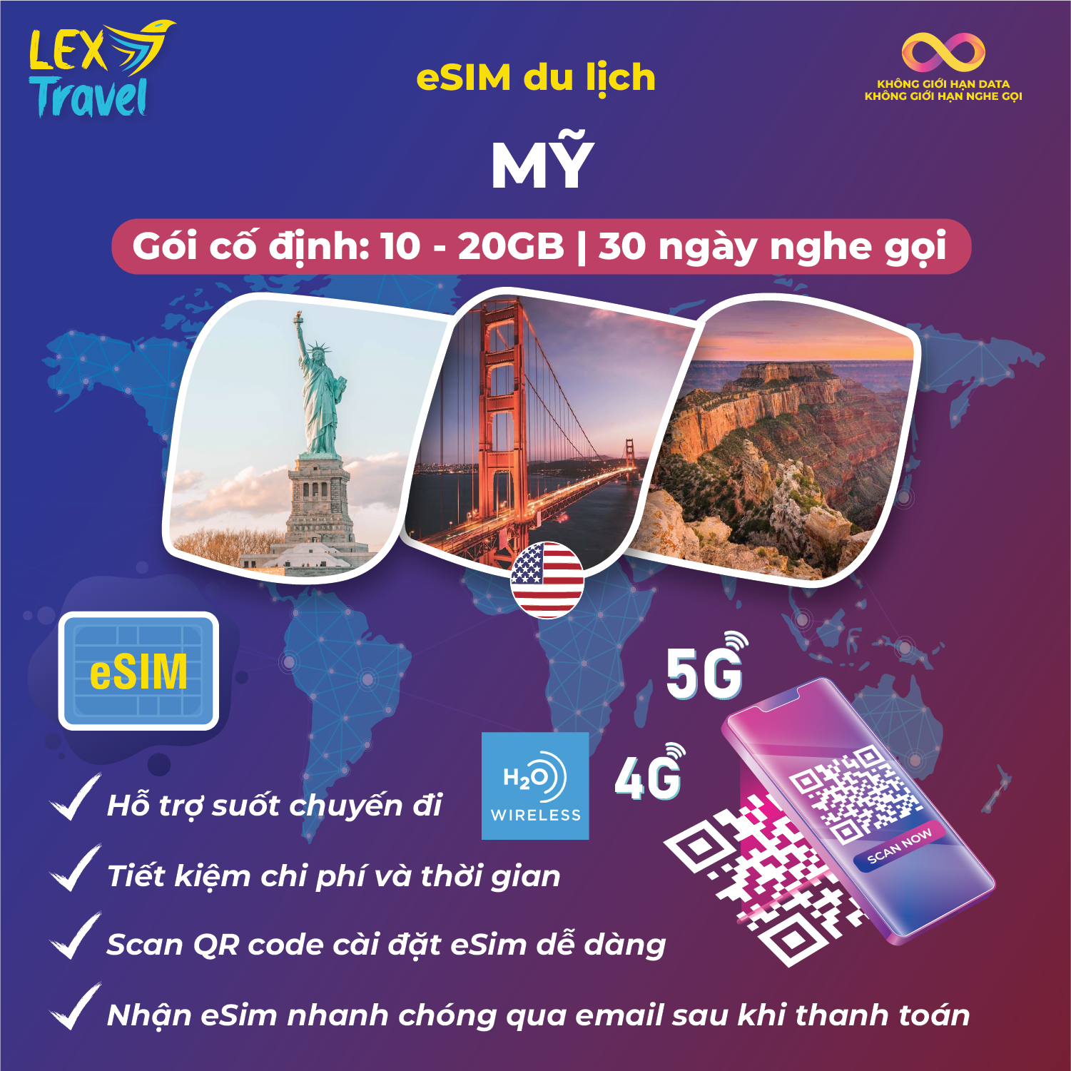 eSIM du lịch Mỹ gói cố định H2O: Không giới hạn nghe gọi nhắn tin + data