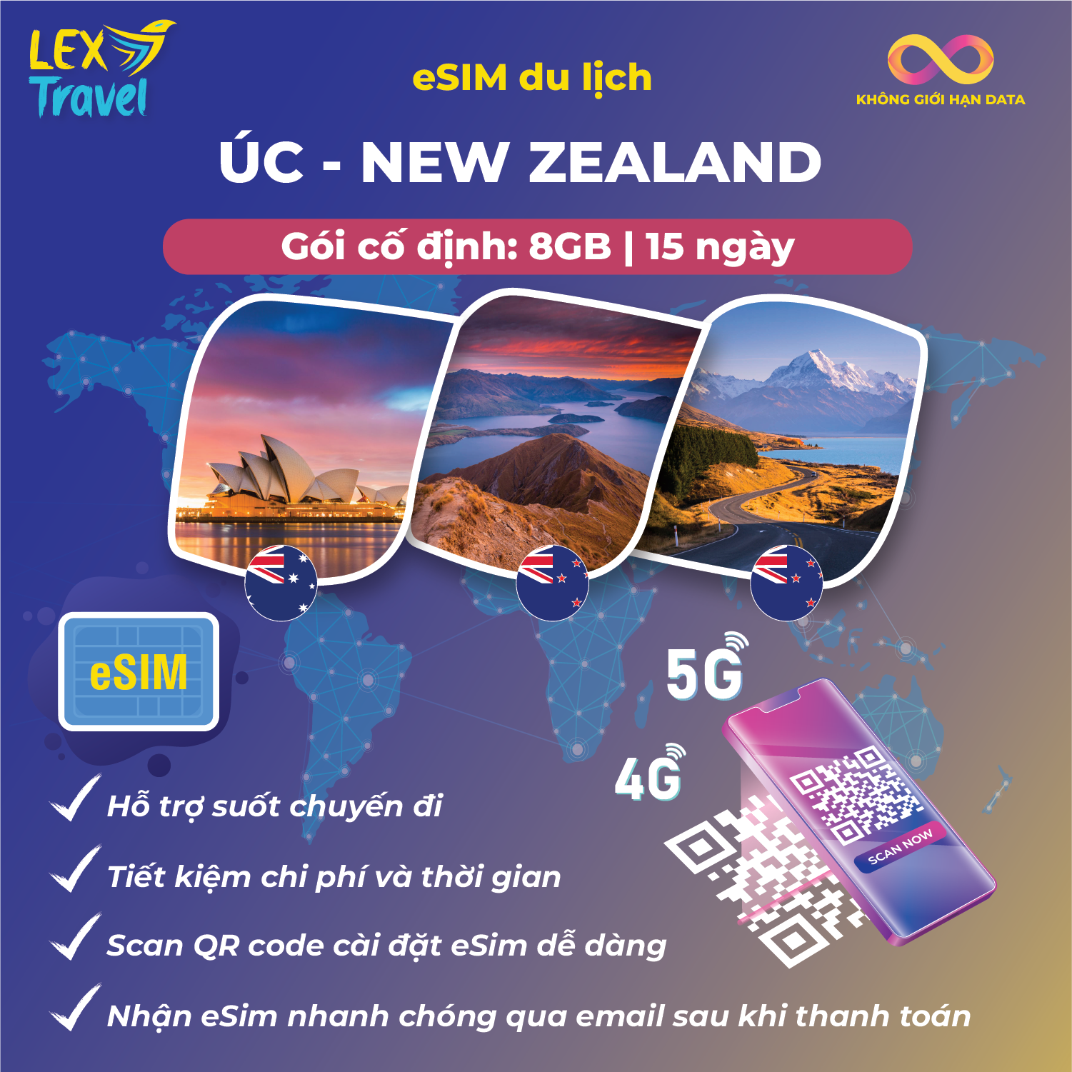 eSIM du lịch Úc - New Zealand: Gói cố định, nghe gọi, không giới hạn data