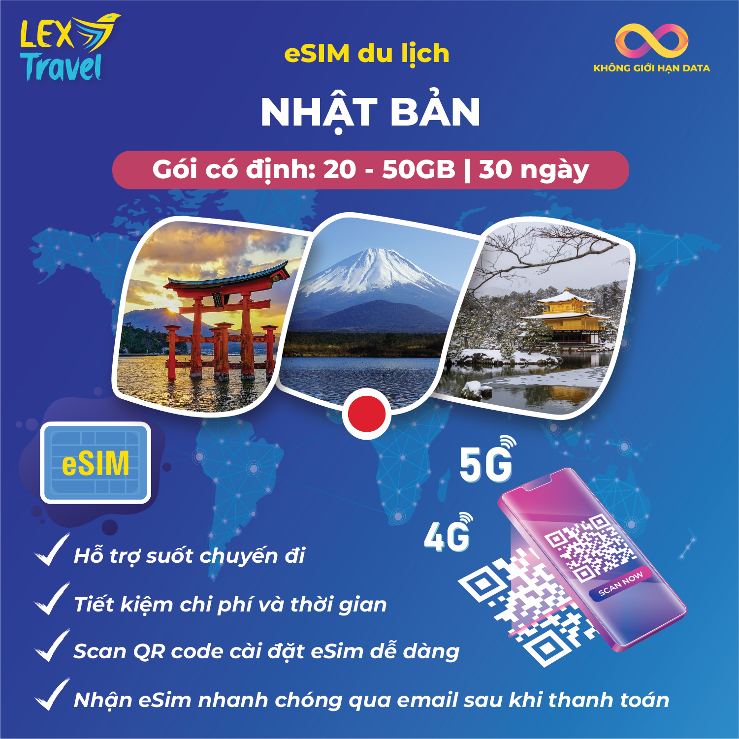eSIM du lịch Nhật Bản: Gói cố định, không giới hạn data