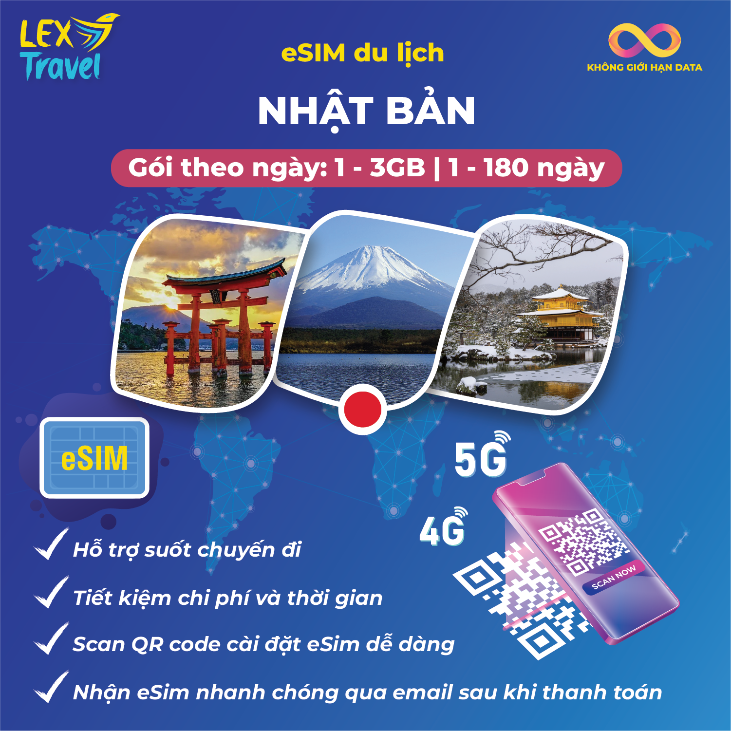 eSIM du lịch Nhật Bản: Gói theo ngày, không giới hạn data