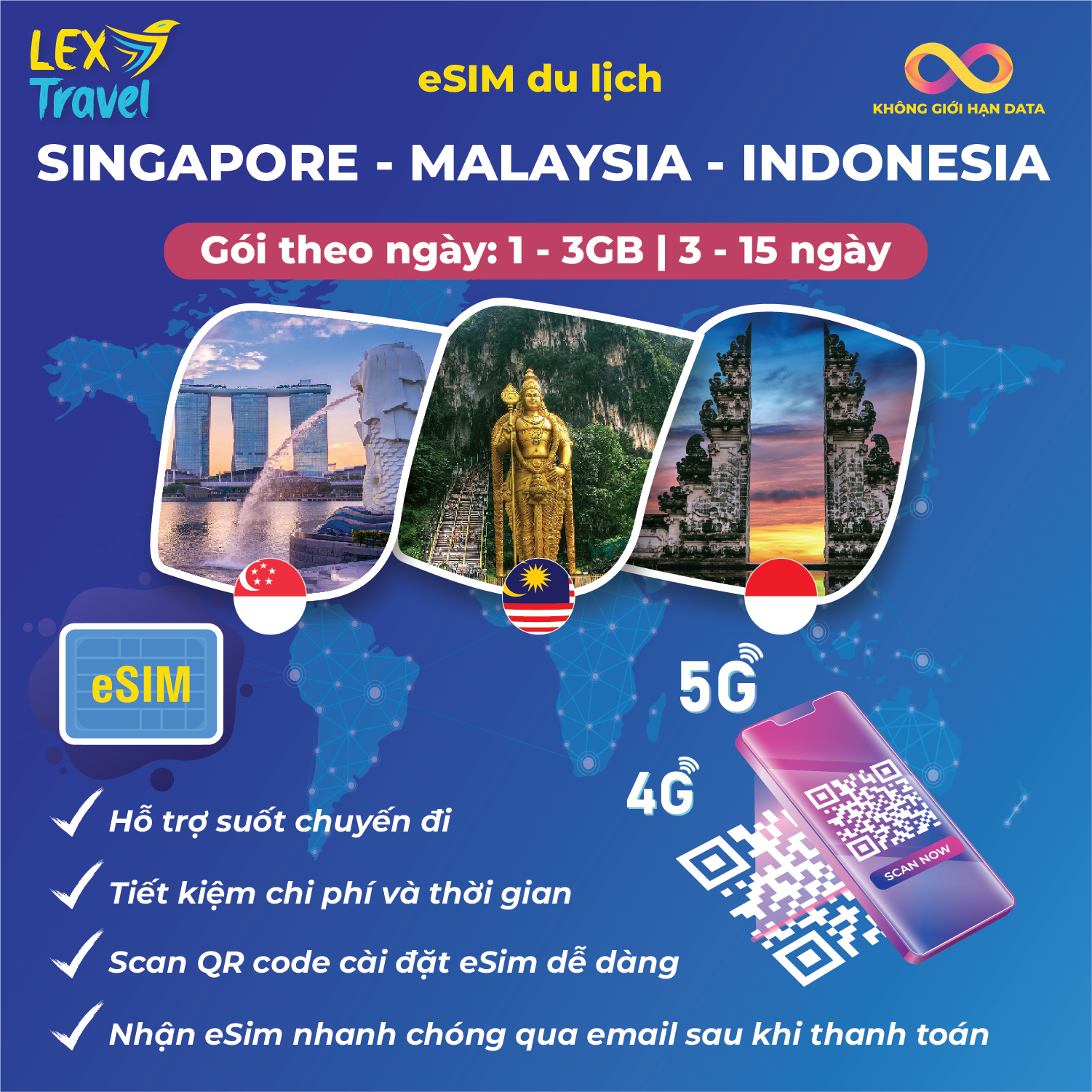 eSIM du lịch Singapore – Malaysia – Indonesia: Gói theo ngày, không giới hạn dung lượng